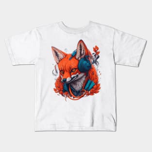 Digital AI Art FOX Animal Wearing Headphones Kids T-Shirt